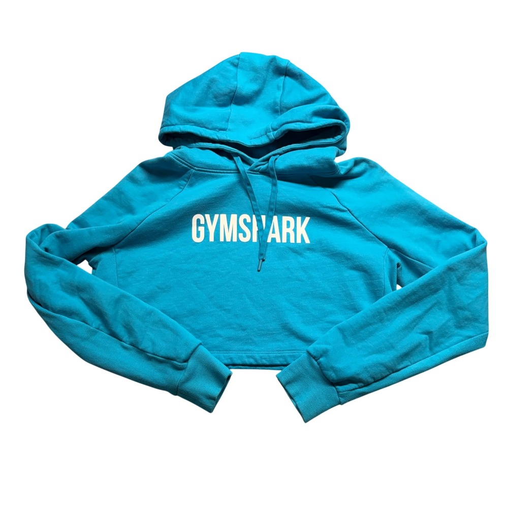 Gymshark Apollo Cropped Hoodie Blue Logo Pullover Sweatshirt Size Small